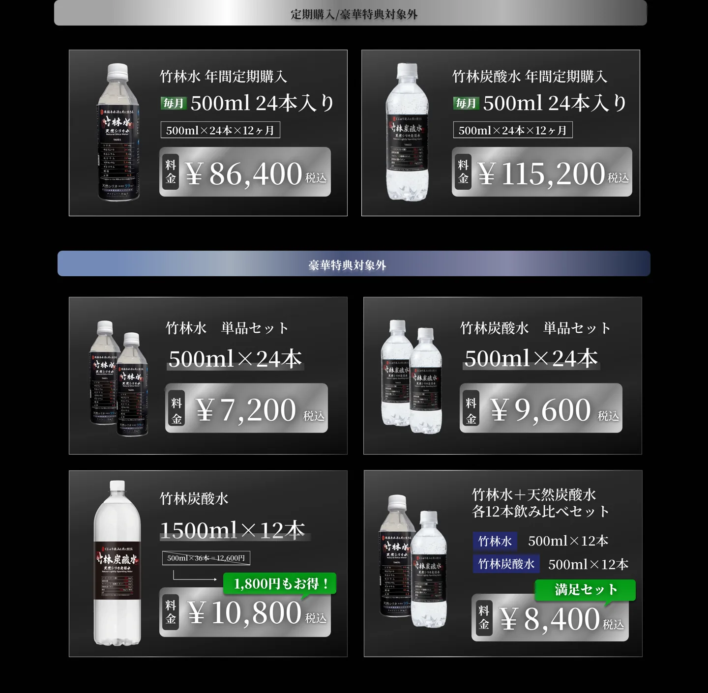 単品セット料金。竹林水 500ml×24本 ¥7,200／竹林炭酸水 ¥9,600／1500ml×12本 ¥10,800／飲み比べセット ¥8,400